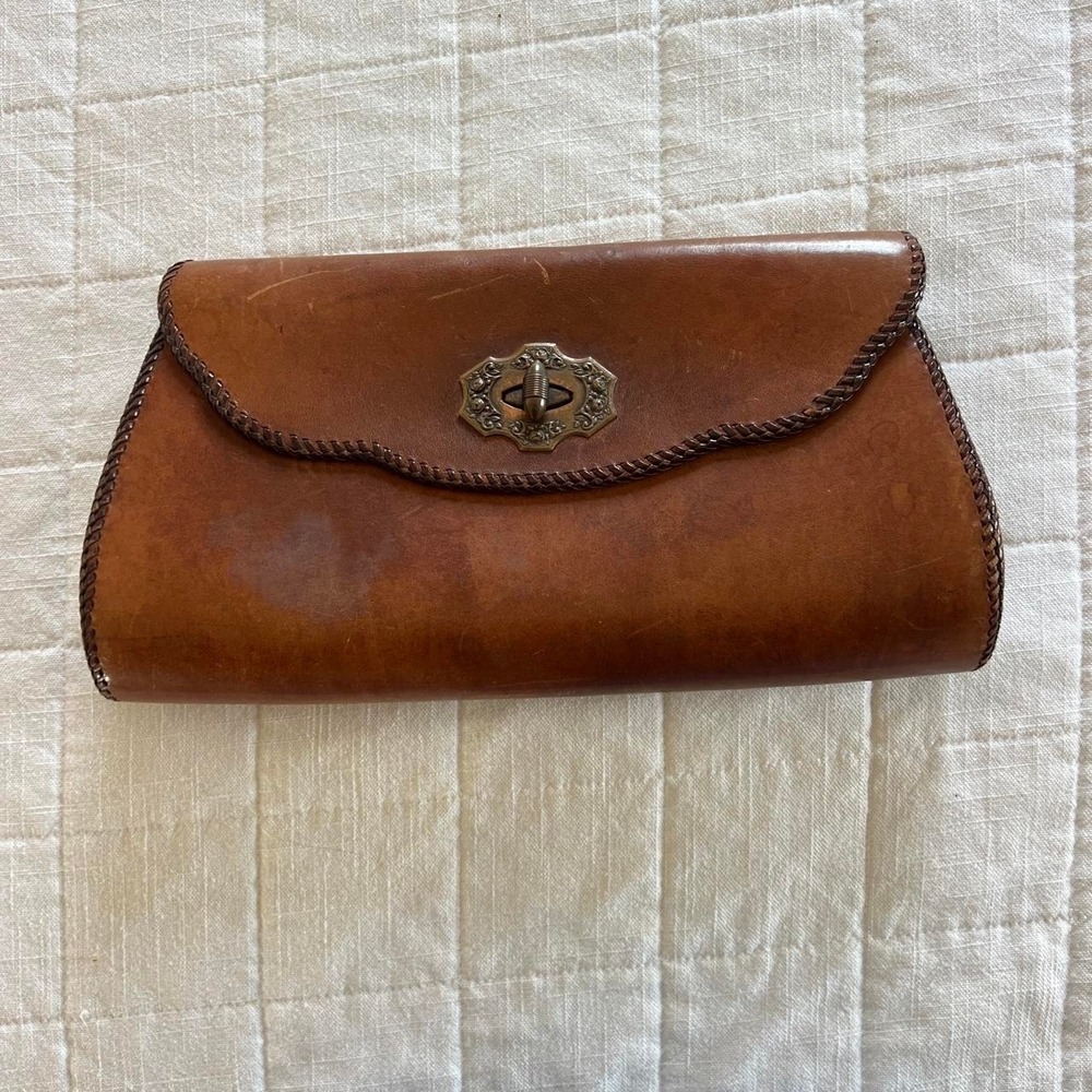 Unbranded Leather Clutch Women OS Brown Whipstitch Western Boho Vintage Handbag